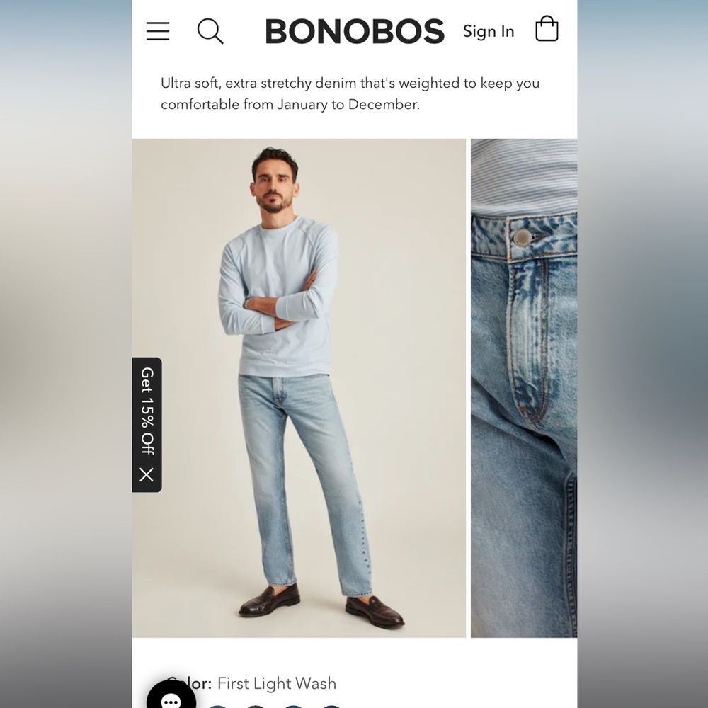 BONOBOS First Light Wash All Season Slim Jeans. 34x34. Brand new with Tags.